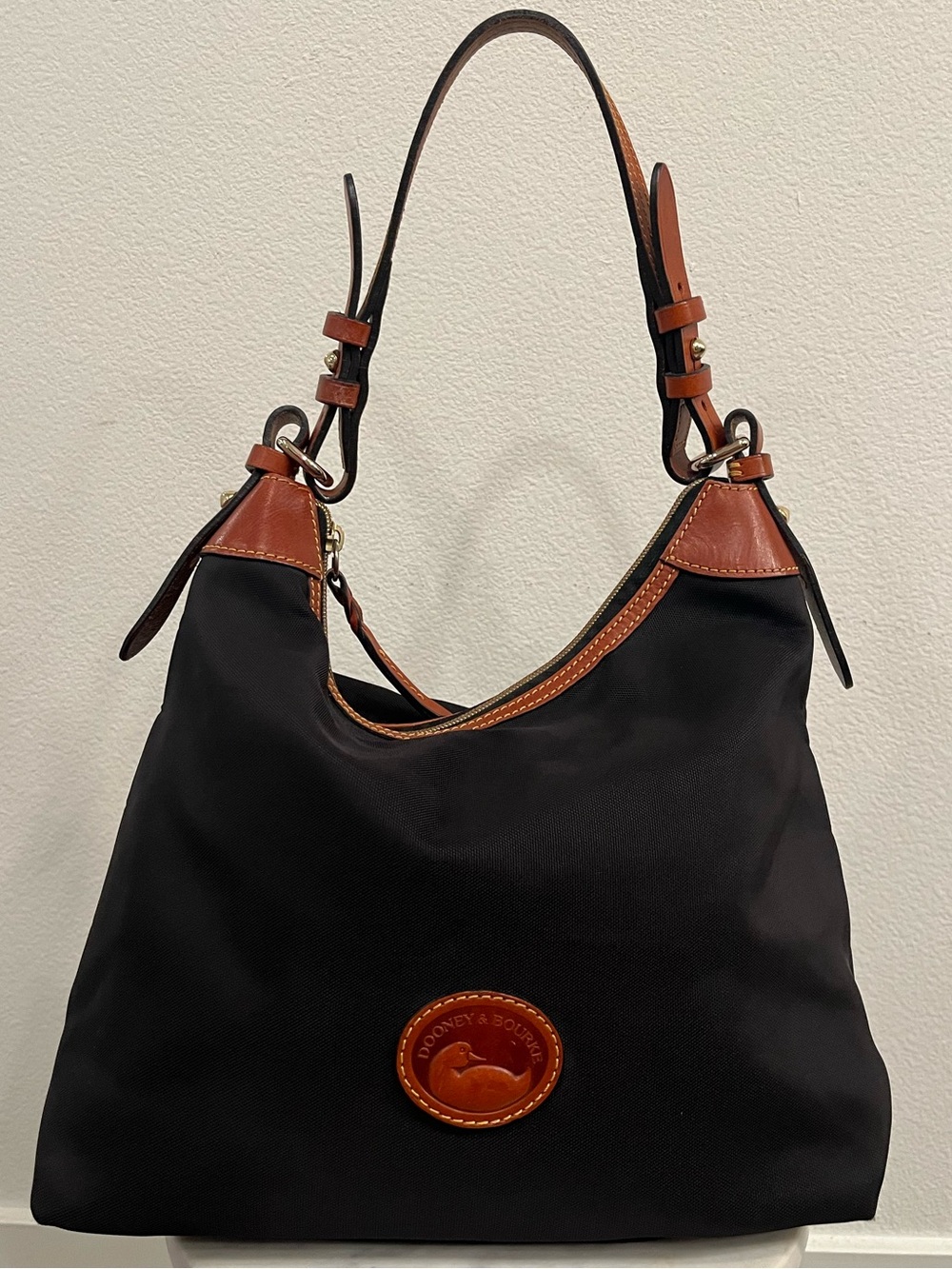 Dooney & Bourke Black Nylon Leather Trim Shoulder Hobo Bag Adjustable Strap